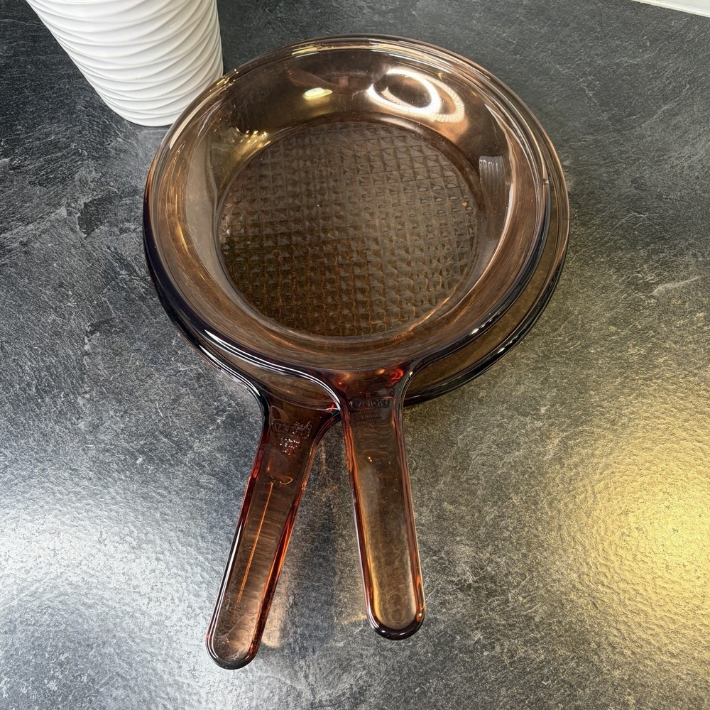 Vintage Corning Ware Visions Amber Glass Skillets 10" & 9" Waffle Bottom France